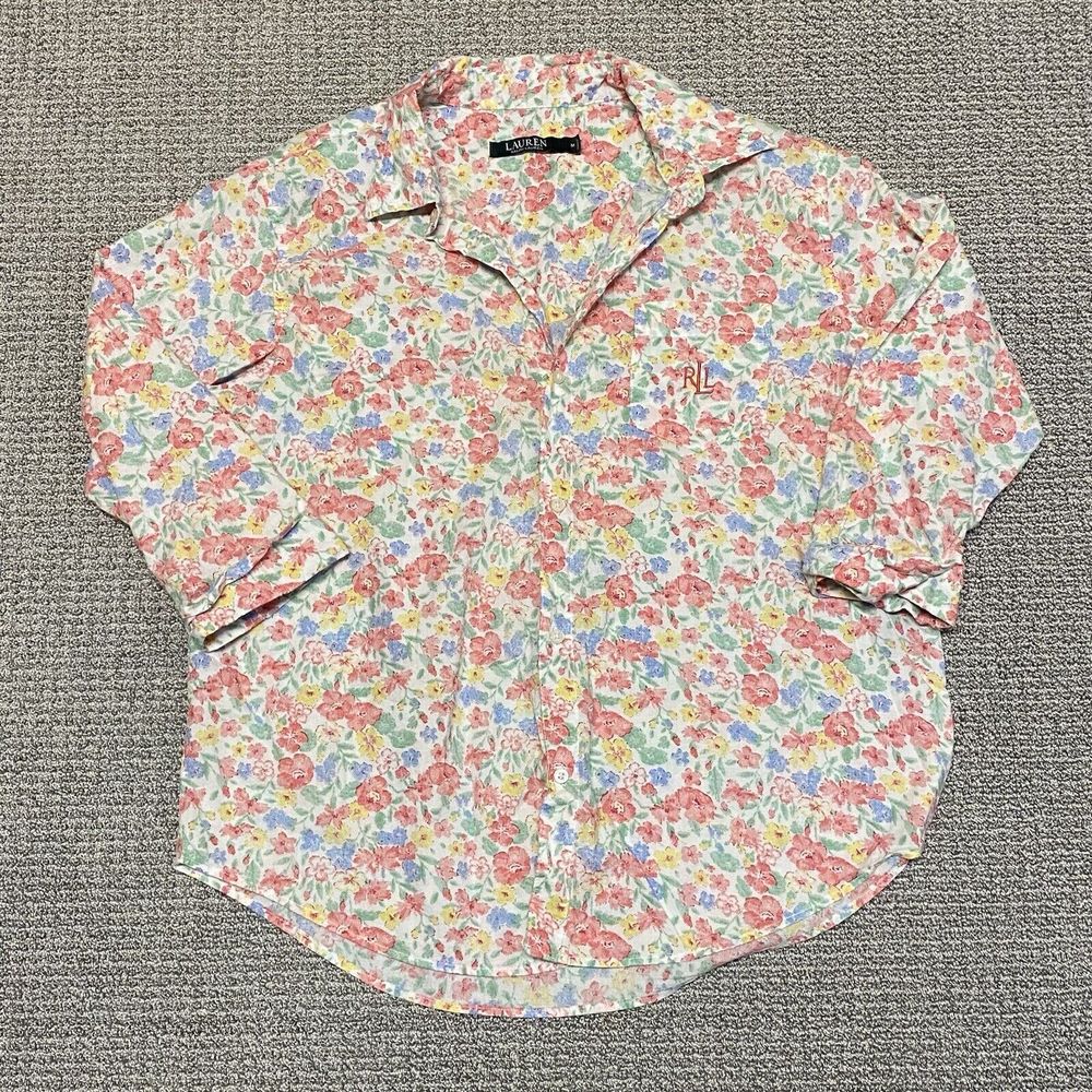 Lauren Ralph Lauren Shirt Womens M Button Down Floral EmbroideredLogo 3/4 Sleeve